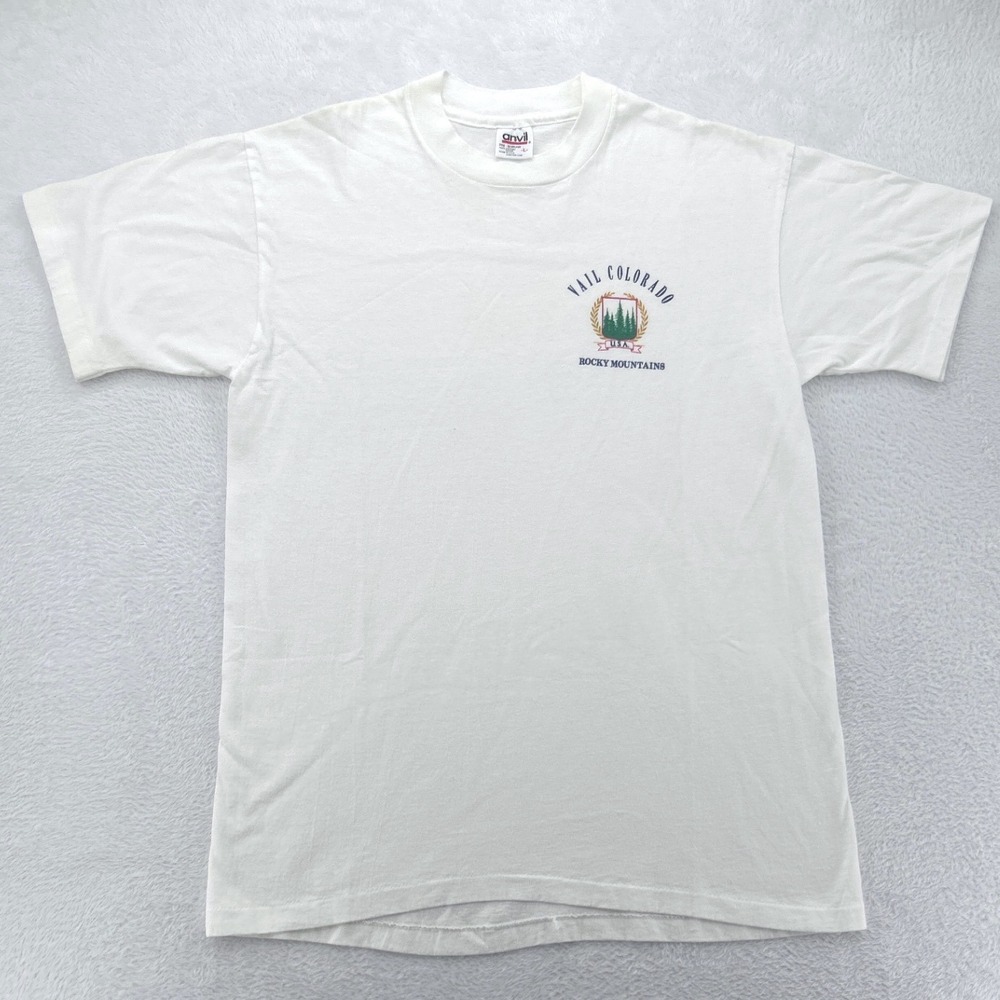 Vintage Vail Colorado Anvil Mens T-Shirt Large White Rocky Mountains USA Made